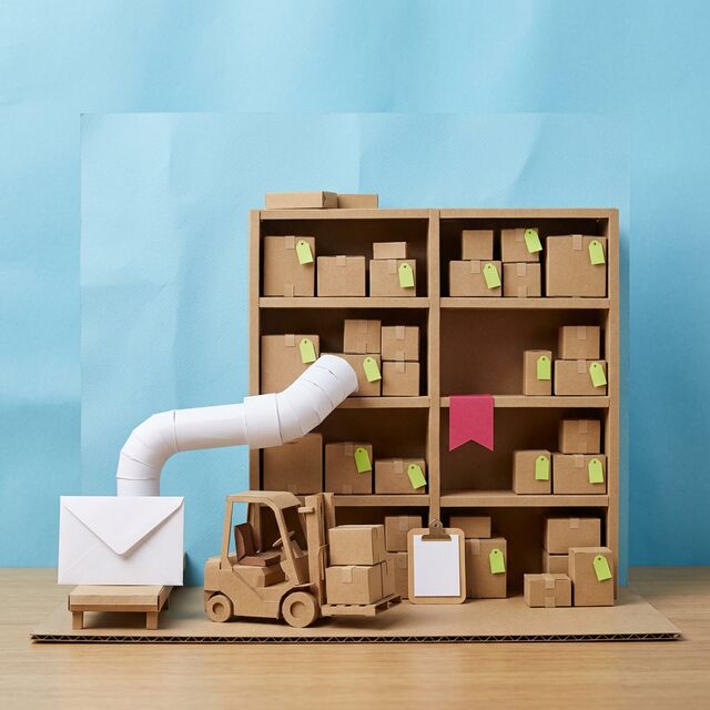 Diorama de cartón: un sobre conectado por un tubo a estantes de almacén con cajas etiquetadas y un montacargas