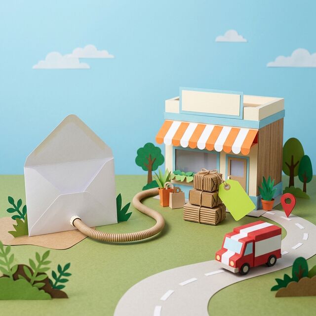 Diorama de papel: un sobre conectado a una tienda con paquetes y una camioneta de reparto en camino