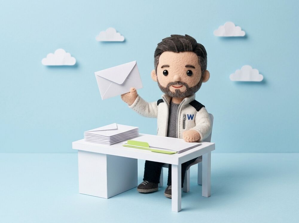 Personaje de tela de WITS en un escritorio de papel, levanta un sobre junto a una pila de correos y una carpeta con etiqueta verde
