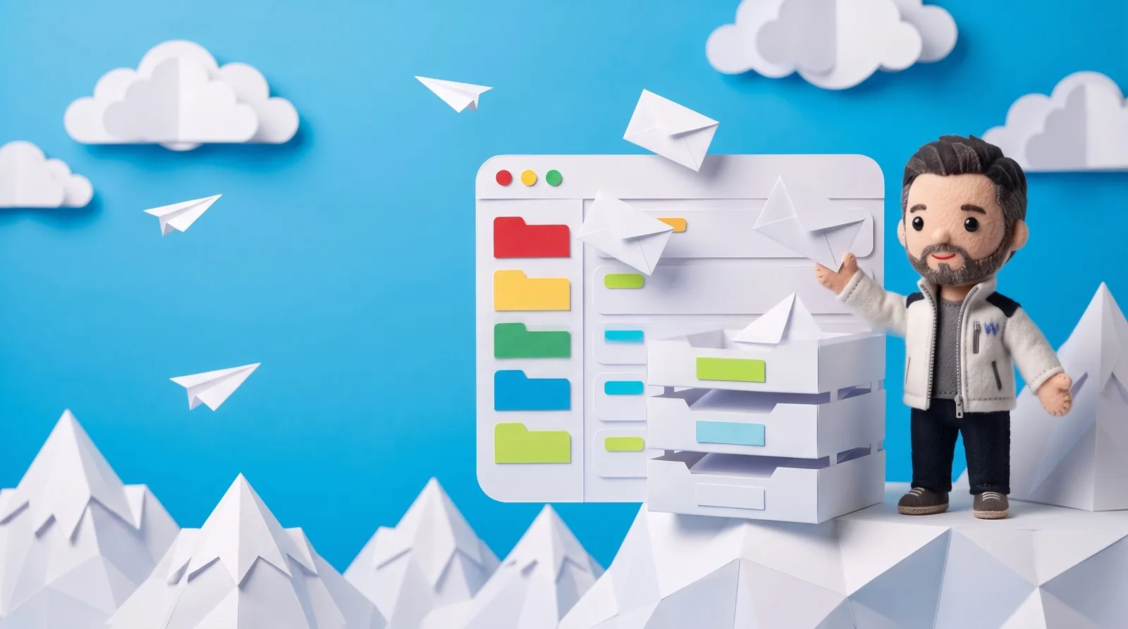 Personaje de tela de WITS en un mundo de papel: atrapa sobres y aviones de papel que caen ordenados en bandejas con etiquetas de colores
