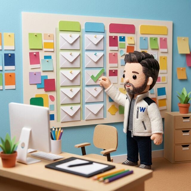 Personaje de tela de WITS en un estudio creativo de papel ordena sobres por cliente en un tablero